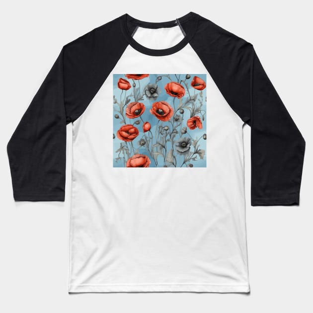 Peachy Red and Ash Poppies Floral Pattern on Dusty Sky Blue Baseball T-Shirt by Siha Arts